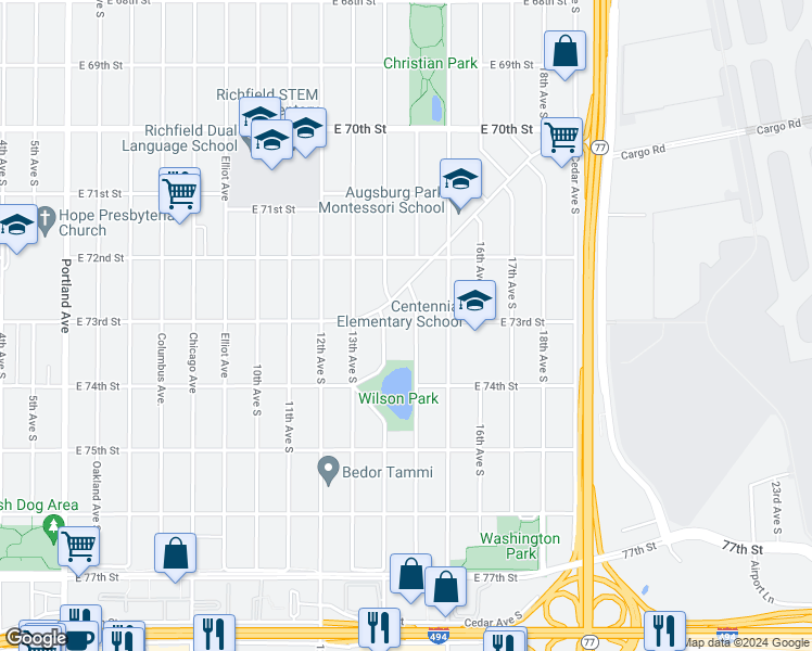 map of restaurants, bars, coffee shops, grocery stores, and more near 7245 14th Avenue South in Minneapolis