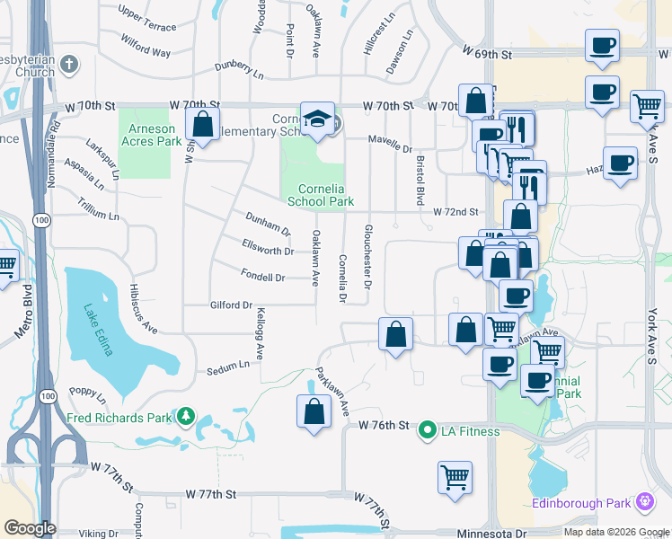 map of restaurants, bars, coffee shops, grocery stores, and more near 7225 Cornelia Drive in Minneapolis