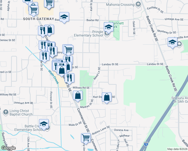 map of restaurants, bars, coffee shops, grocery stores, and more near 5831 Reed Lane Southeast in Salem