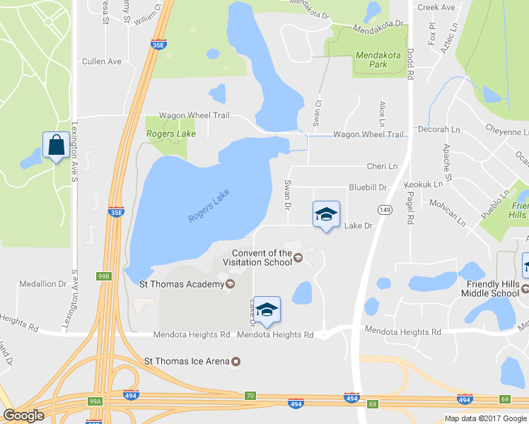 map of restaurants, bars, coffee shops, grocery stores, and more near 2357 Swan Drive in Mendota Heights