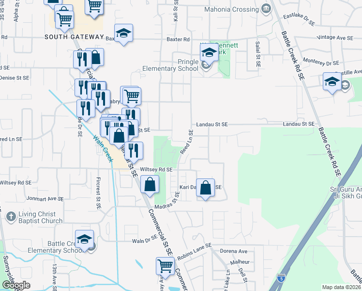map of restaurants, bars, coffee shops, grocery stores, and more near 5835 Reed Lane Southeast in Salem