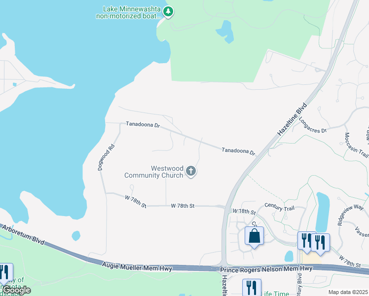 map of restaurants, bars, coffee shops, grocery stores, and more near 3241 Tanadoona Drive in Excelsior