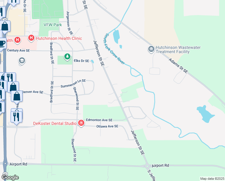 map of restaurants, bars, coffee shops, grocery stores, and more near 310 Jefferson Court in Hutchinson