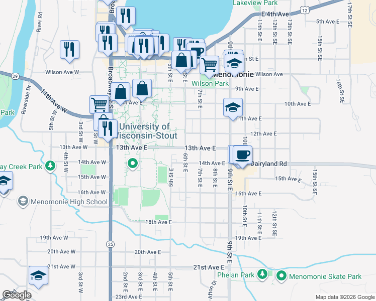 map of restaurants, bars, coffee shops, grocery stores, and more near 1302 6th Street East in Menomonie