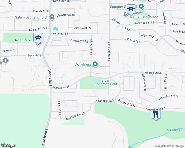 map of restaurants, bars, coffee shops, grocery stores, and more near 302 Mountain Vista Avenue Southeast in Salem