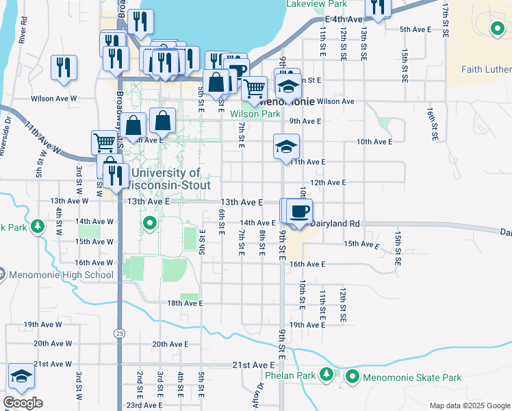 map of restaurants, bars, coffee shops, grocery stores, and more near 709 13th Avenue East in Menomonie