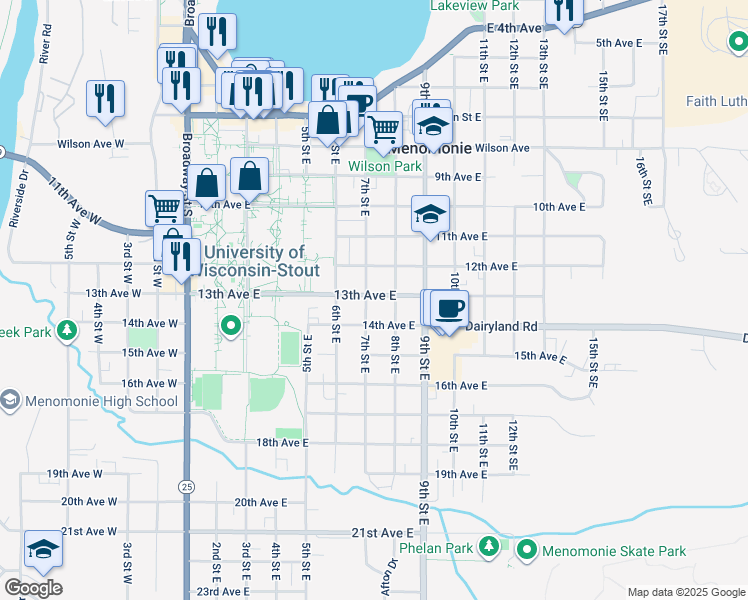 map of restaurants, bars, coffee shops, grocery stores, and more near 709 13th Avenue East in Menomonie