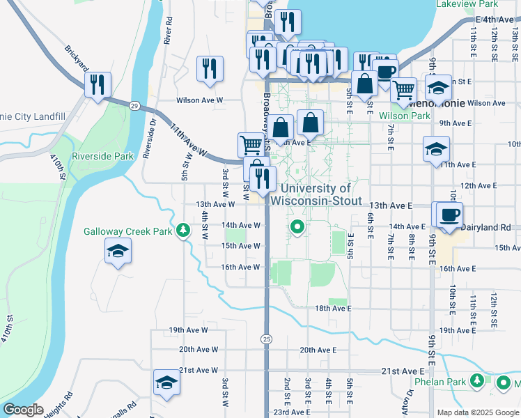 map of restaurants, bars, coffee shops, grocery stores, and more near 120 13th Avenue East in Menomonie