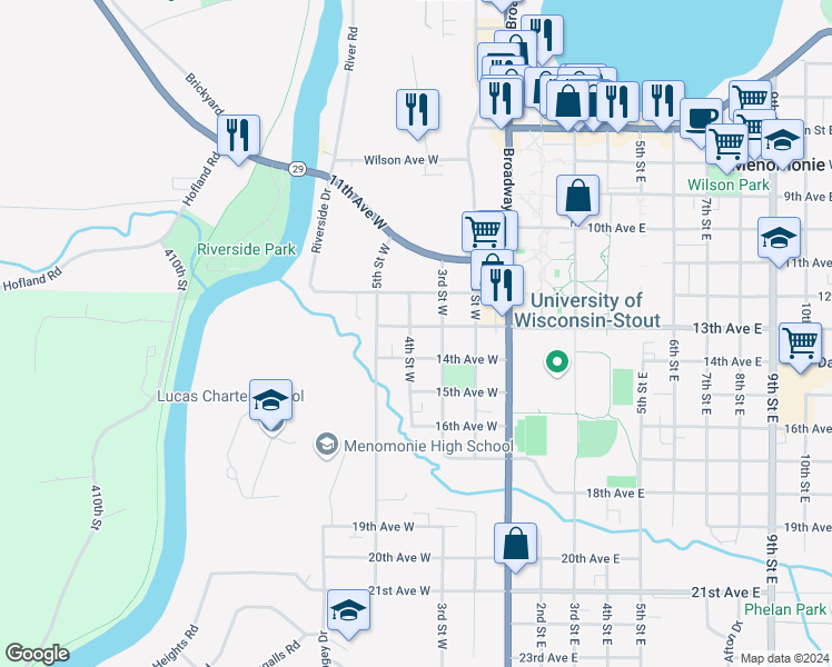 map of restaurants, bars, coffee shops, grocery stores, and more near 320 13th Avenue West in Menomonie