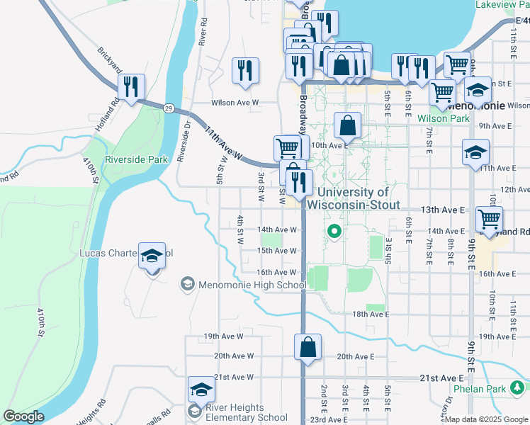 map of restaurants, bars, coffee shops, grocery stores, and more near 220 13th Avenue West in Menomonie
