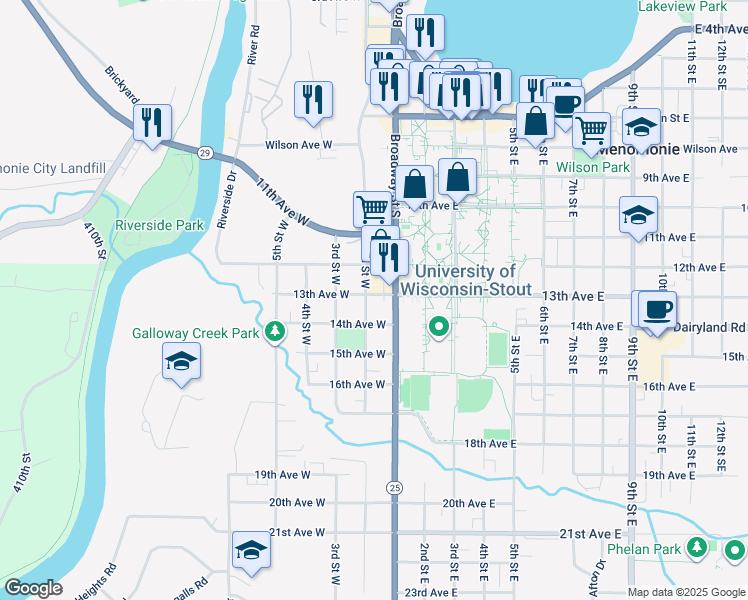 map of restaurants, bars, coffee shops, grocery stores, and more near 120 13th Avenue East in Menomonie