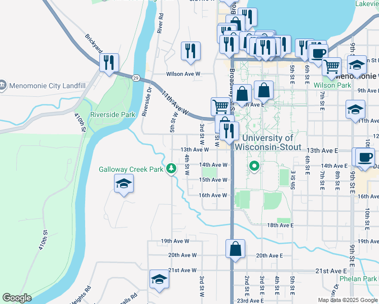 map of restaurants, bars, coffee shops, grocery stores, and more near 320 13th Avenue West in Menomonie
