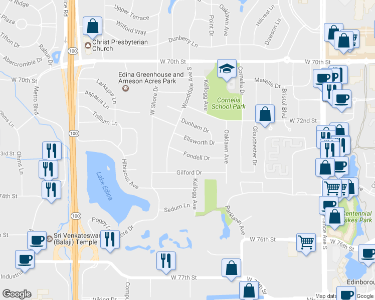 map of restaurants, bars, coffee shops, grocery stores, and more near 4436 Fondell Drive in Minneapolis