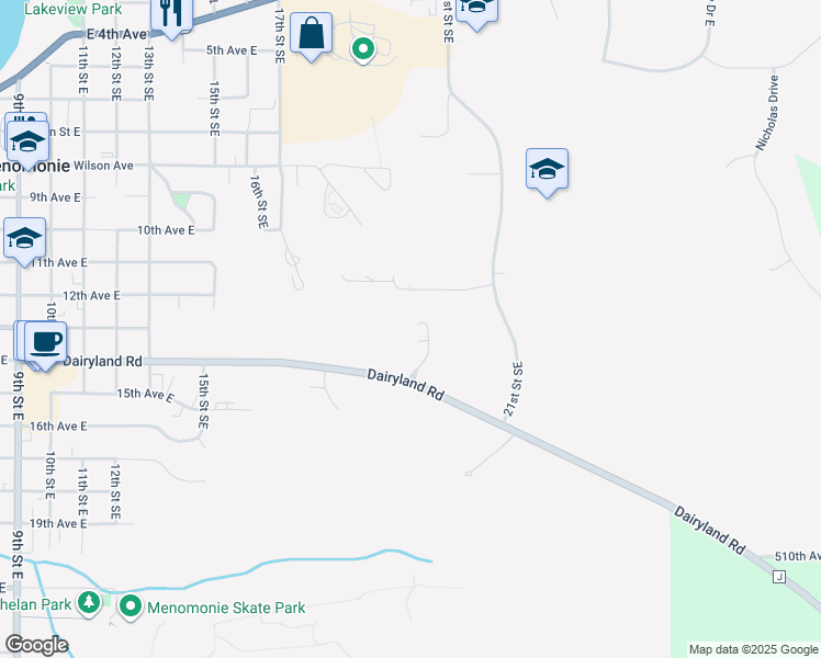map of restaurants, bars, coffee shops, grocery stores, and more near 2123 Dairyland Road in Menomonie
