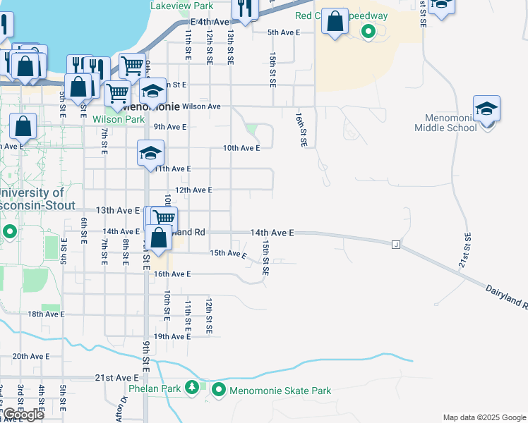 map of restaurants, bars, coffee shops, grocery stores, and more near 1320 12th Avenue East in Menomonie
