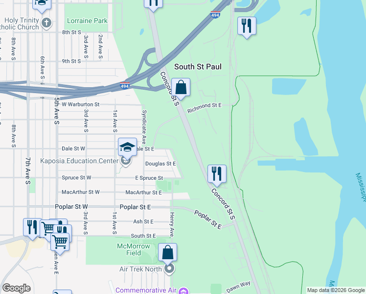 map of restaurants, bars, coffee shops, grocery stores, and more near 1210 Concord Street South in South Saint Paul