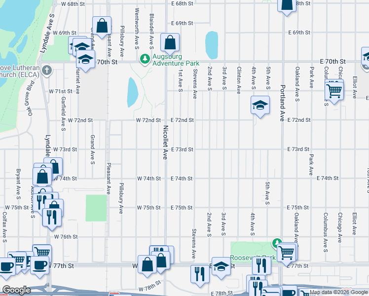 map of restaurants, bars, coffee shops, grocery stores, and more near 7244 Stevens Avenue in Minneapolis