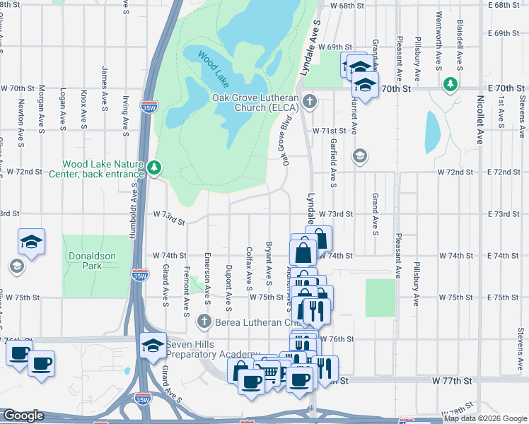map of restaurants, bars, coffee shops, grocery stores, and more near 7244 Bryant Avenue South in Minneapolis