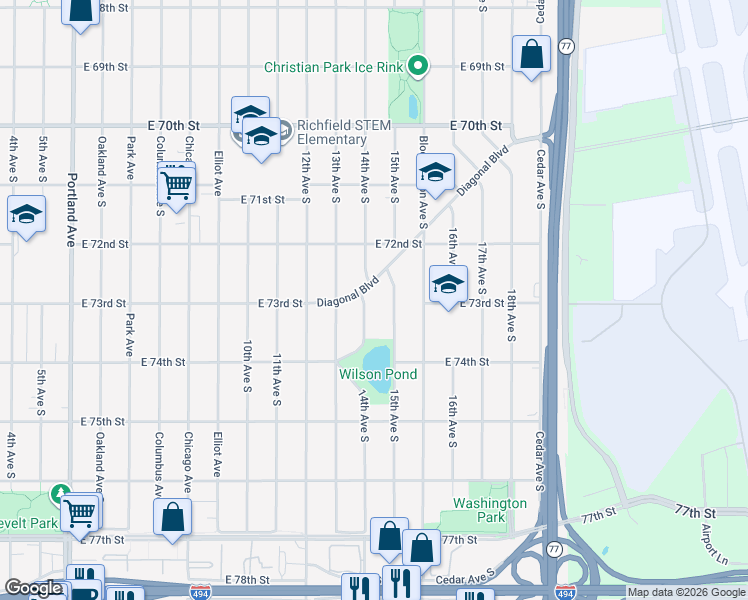 map of restaurants, bars, coffee shops, grocery stores, and more near 7245 14th Avenue South in Minneapolis
