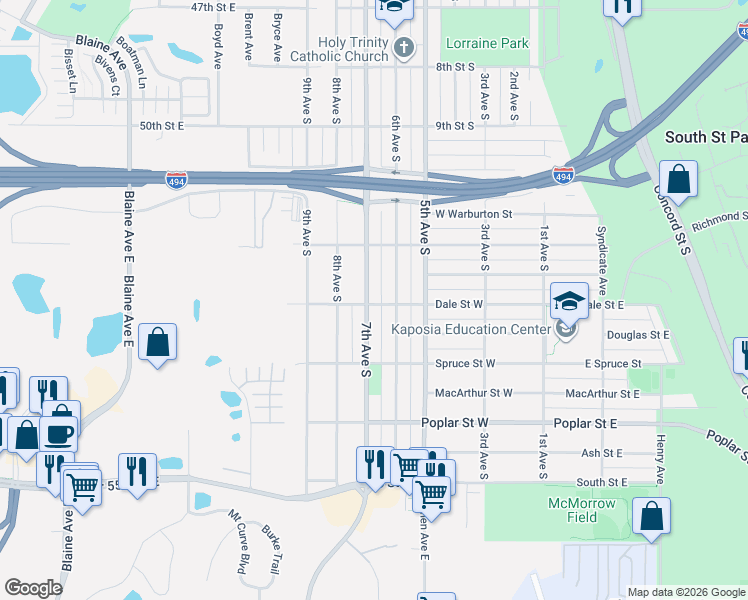 map of restaurants, bars, coffee shops, grocery stores, and more near 618 Dale Street West in South Saint Paul