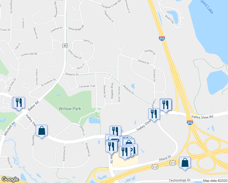 map of restaurants, bars, coffee shops, grocery stores, and more near 7315 Bagpipe Boulevard in Eden Prairie