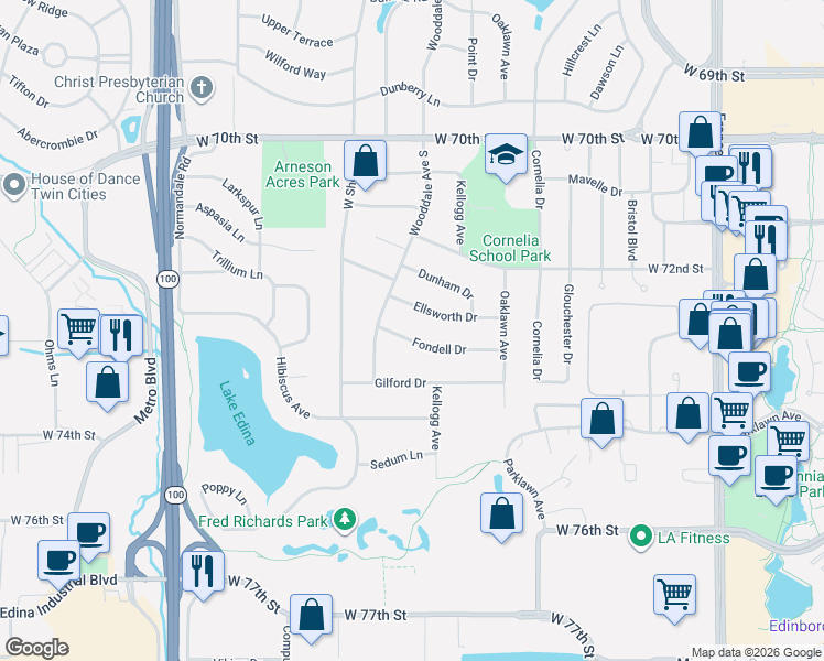 map of restaurants, bars, coffee shops, grocery stores, and more near 4440 Fondell Drive in Minneapolis