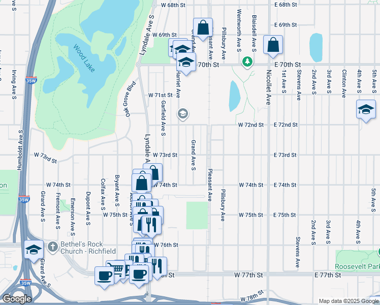 map of restaurants, bars, coffee shops, grocery stores, and more near 7244 Grand Avenue South in Minneapolis