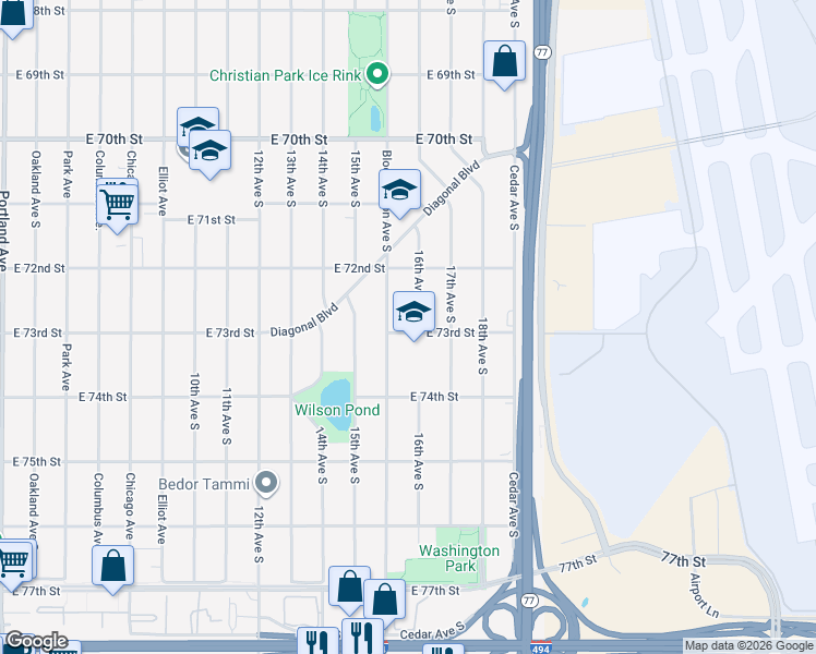 map of restaurants, bars, coffee shops, grocery stores, and more near 1244 East 73rd Street in Richfield