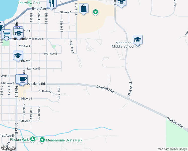 map of restaurants, bars, coffee shops, grocery stores, and more near 1905 Dairyland Road in Menomonie