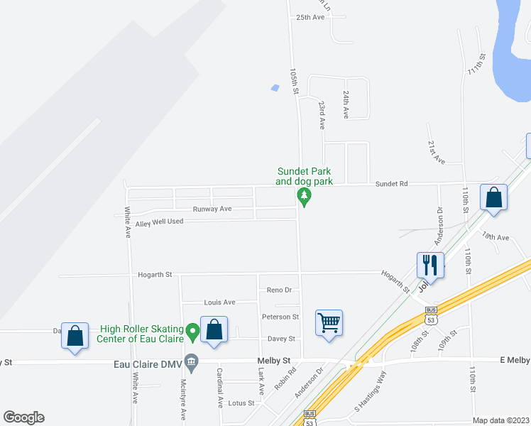 map of restaurants, bars, coffee shops, grocery stores, and more near 3315 Runway Avenue in Eau Claire