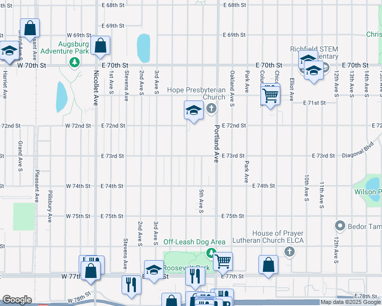 map of restaurants, bars, coffee shops, grocery stores, and more near 7245 4th Avenue South in Minneapolis