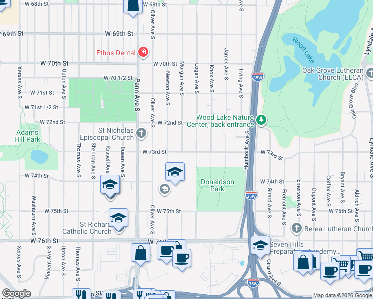 map of restaurants, bars, coffee shops, grocery stores, and more near 7245 Morgan Avenue South in Minneapolis