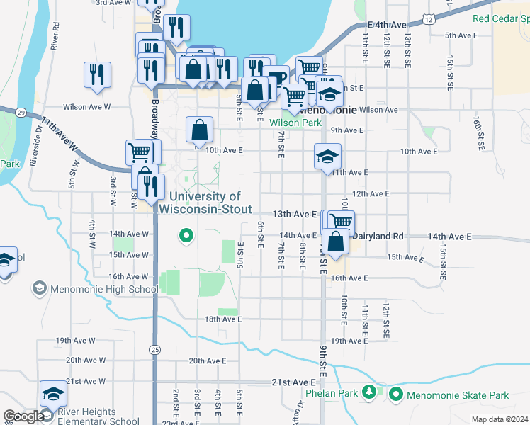 map of restaurants, bars, coffee shops, grocery stores, and more near 1302 6th Street East in Menomonie