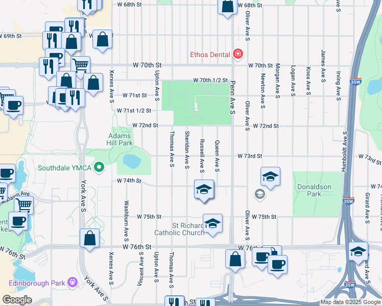 map of restaurants, bars, coffee shops, grocery stores, and more near 7245 Sheridan Avenue South in Minneapolis