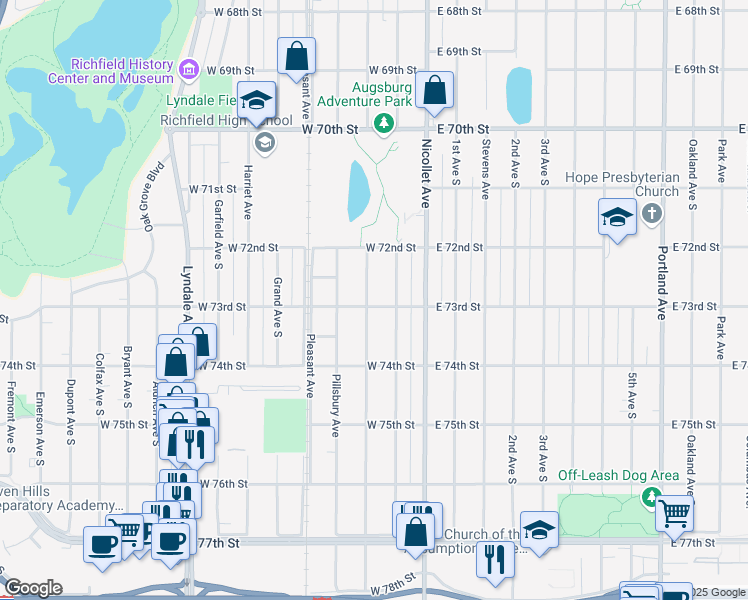 map of restaurants, bars, coffee shops, grocery stores, and more near 7245 Wentworth Avenue South in Minneapolis