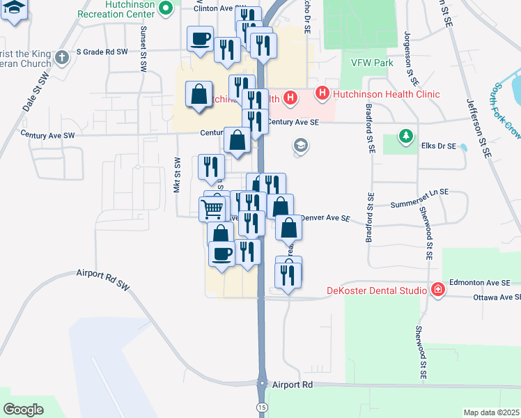map of restaurants, bars, coffee shops, grocery stores, and more near 1350 Highway 15 in Hutchinson