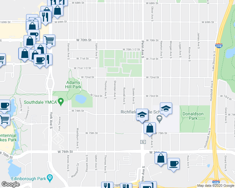 map of restaurants, bars, coffee shops, grocery stores, and more near 7245 Sheridan Avenue South in Minneapolis
