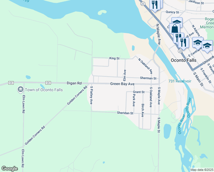map of restaurants, bars, coffee shops, grocery stores, and more near 550 Green Bay Avenue in Oconto Falls