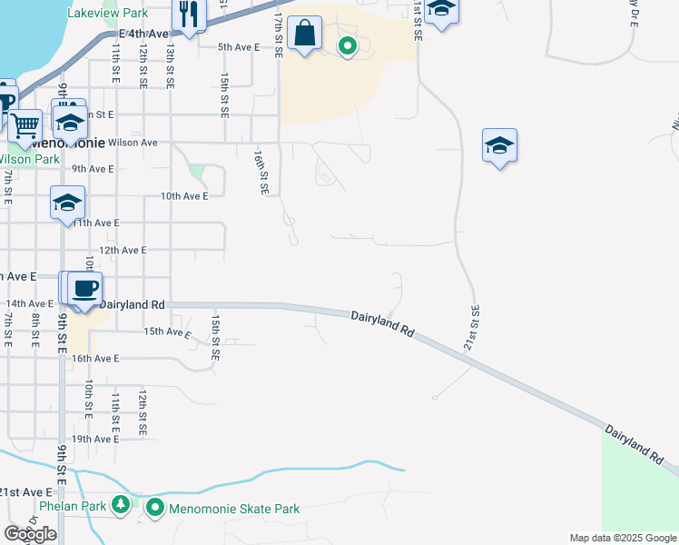 map of restaurants, bars, coffee shops, grocery stores, and more near 1905 Dairyland Road in Menomonie