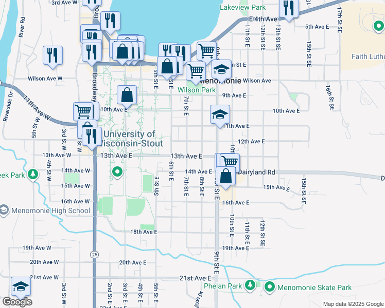 map of restaurants, bars, coffee shops, grocery stores, and more near 709 13th Avenue East in Menomonie