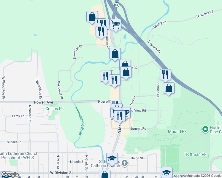 map of restaurants, bars, coffee shops, grocery stores, and more near 143 Pomeroy Street in River Falls