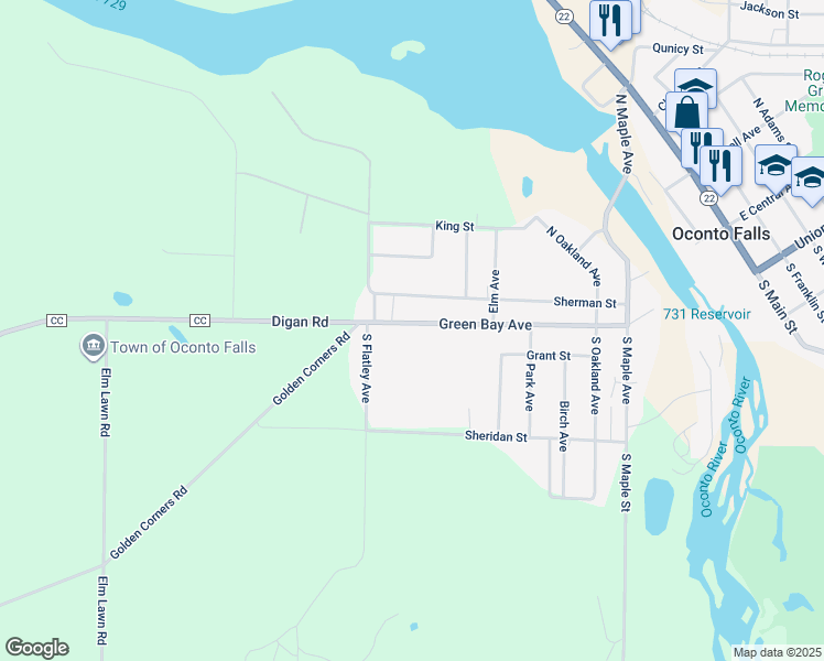 map of restaurants, bars, coffee shops, grocery stores, and more near 550 Green Bay Avenue in Oconto Falls