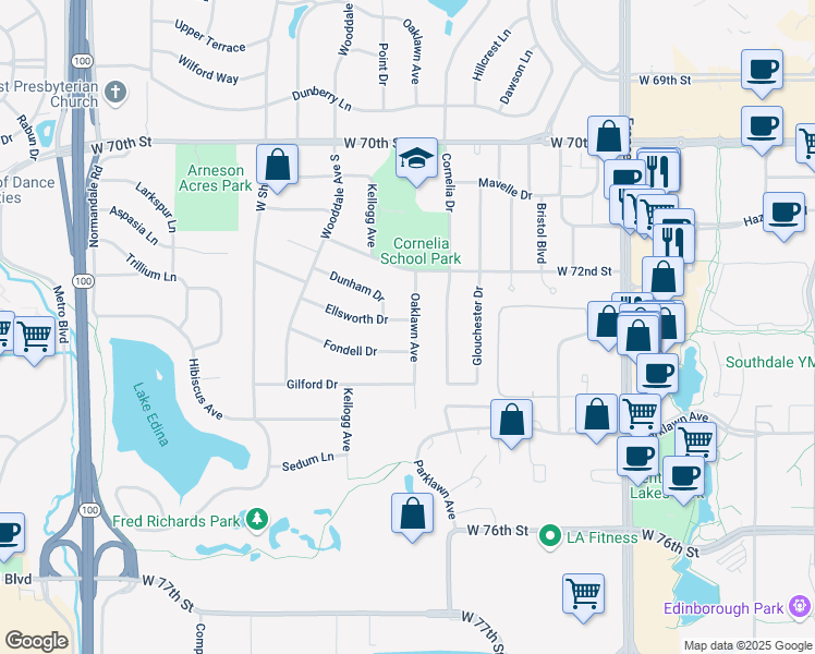 map of restaurants, bars, coffee shops, grocery stores, and more near 4401 Ellsworth Drive in Minneapolis
