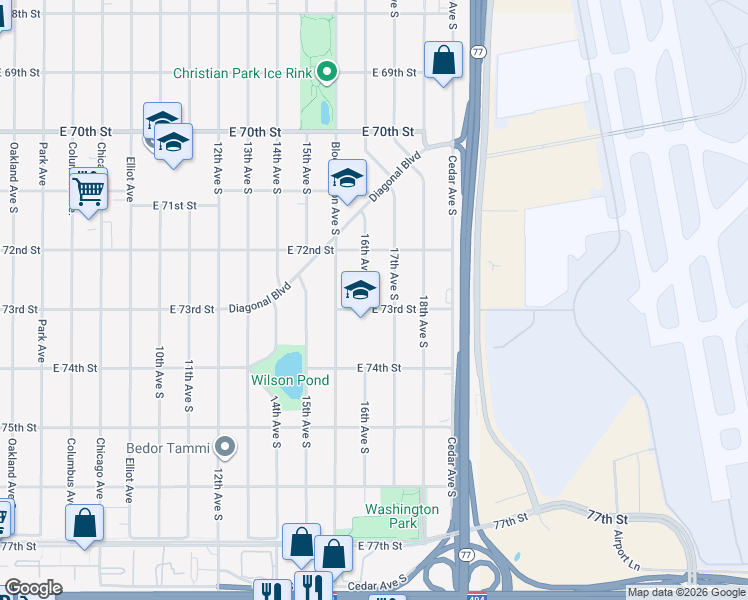 map of restaurants, bars, coffee shops, grocery stores, and more near 1244 East 73rd Street in Richfield