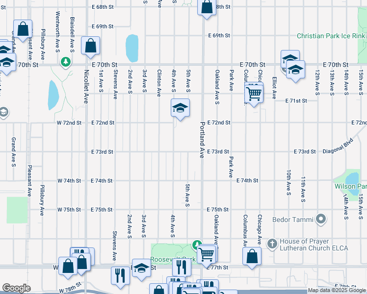 map of restaurants, bars, coffee shops, grocery stores, and more near 7245 4th Avenue South in Minneapolis