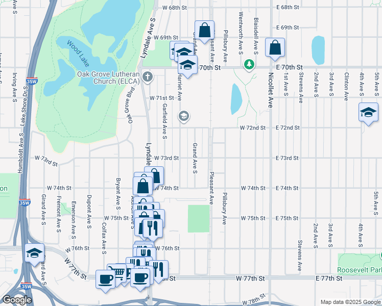 map of restaurants, bars, coffee shops, grocery stores, and more near 7244 Grand Avenue South in Minneapolis
