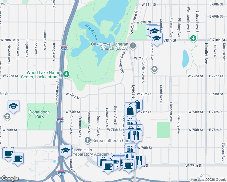 map of restaurants, bars, coffee shops, grocery stores, and more near 7244 Bryant Avenue South in Minneapolis