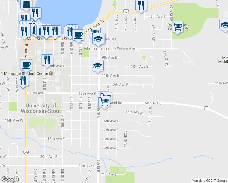 map of restaurants, bars, coffee shops, grocery stores, and more near 1021 13th Ave E in Menomonie
