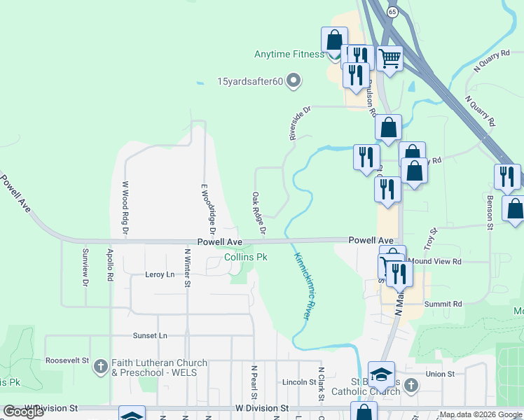 map of restaurants, bars, coffee shops, grocery stores, and more near 56 Oak Ridge Drive in River Falls