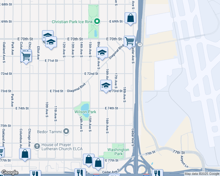 map of restaurants, bars, coffee shops, grocery stores, and more near 1244 East 73rd Street in Richfield